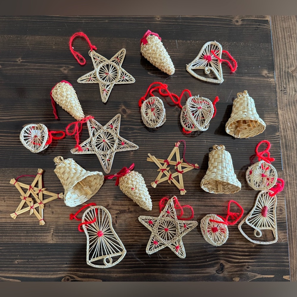 Vintage Rattan Christmas Ornaments—Set of 19